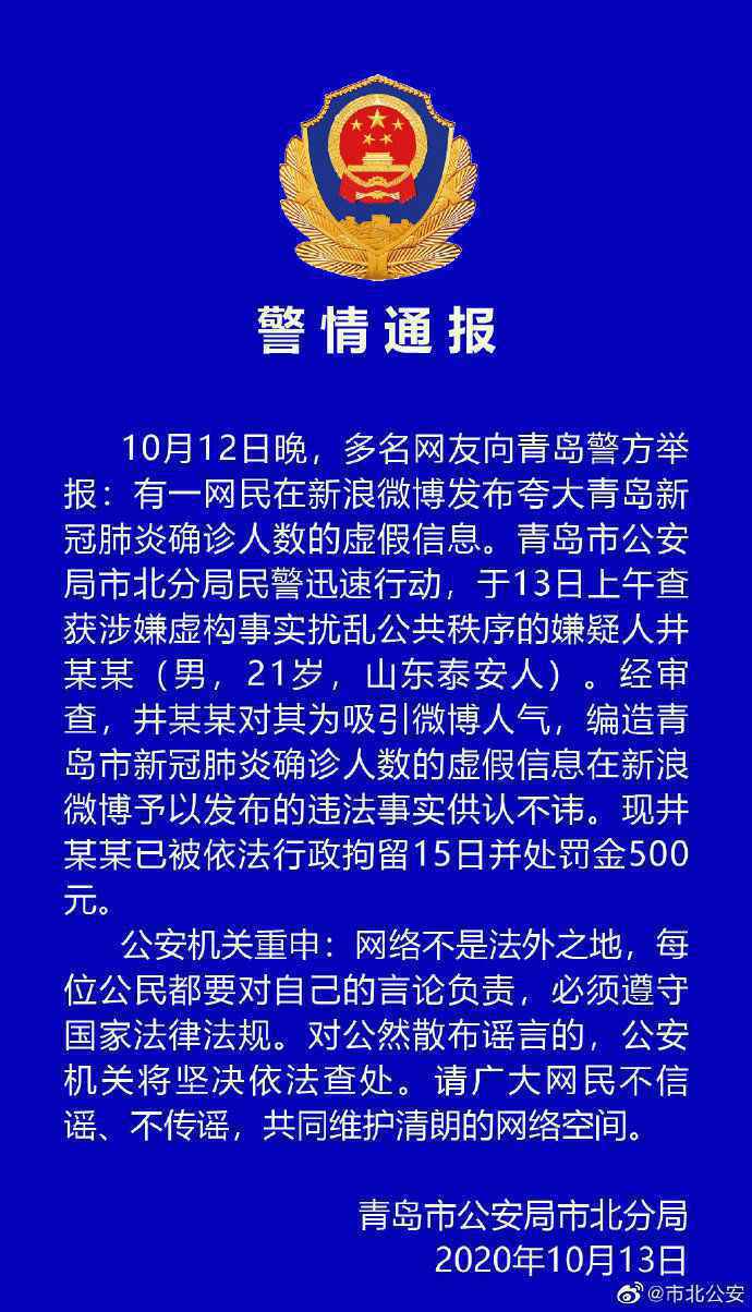  青岛警方通报：编造确诊人数虚假信息，21岁男子被拘15日